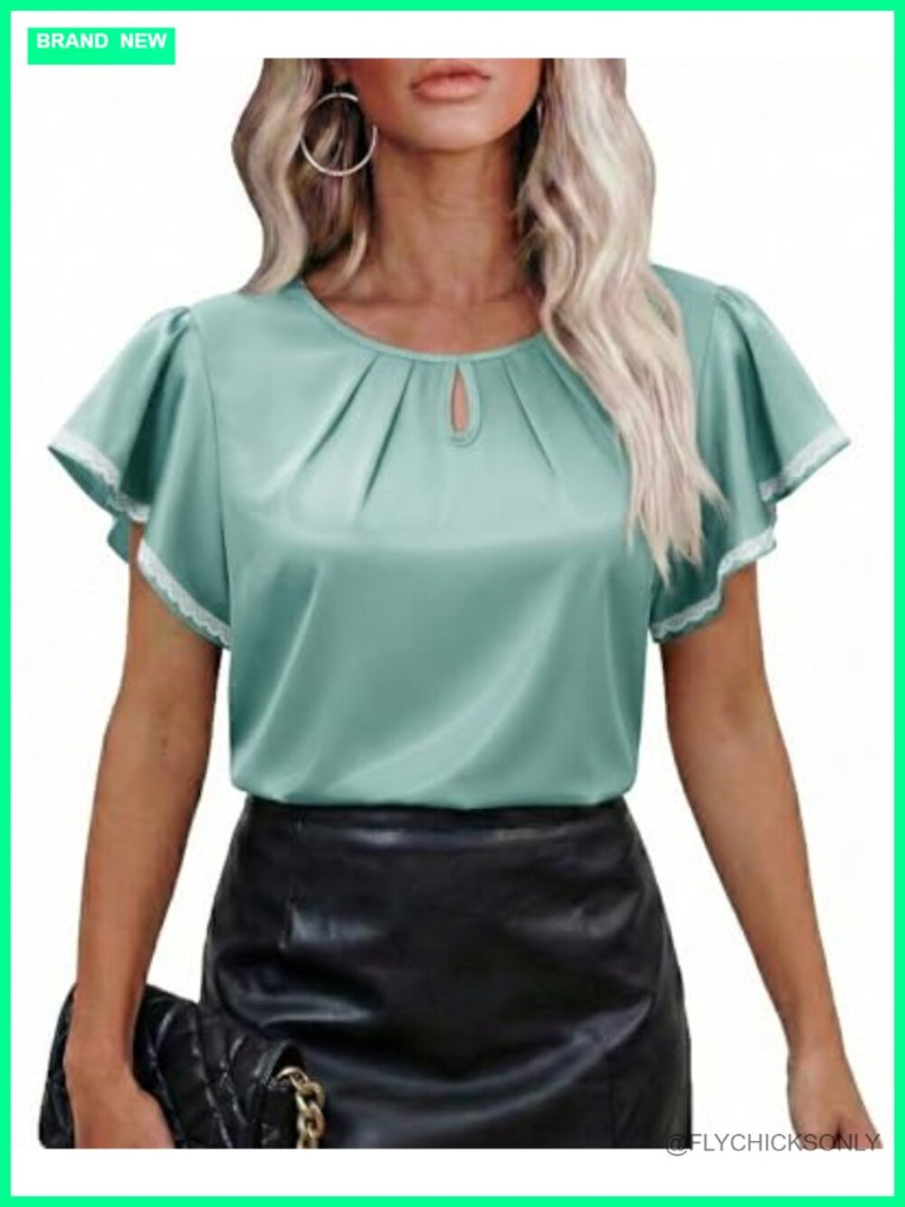 Satin Silk Ruffle Short Sleeve Keyhole Blouse Business Casual Work Top